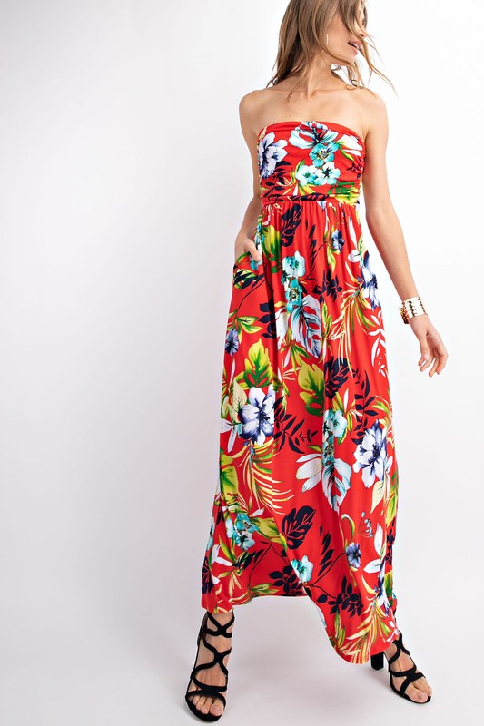 Red Strapless Tropical Summer Maxi ...